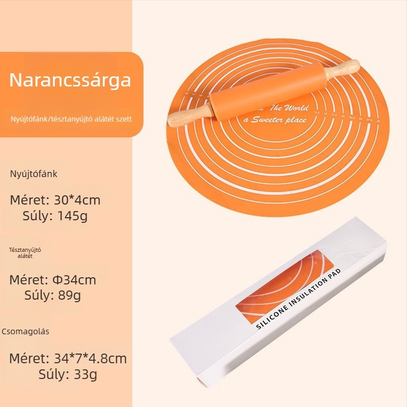 Silikonnyújtófa sütéshez készlet, közepes méret, dagasztó alátéttel
