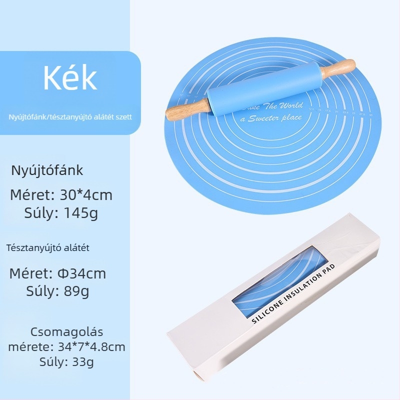 Silikonnyújtófa sütéshez készlet, közepes méret, dagasztó alátéttel