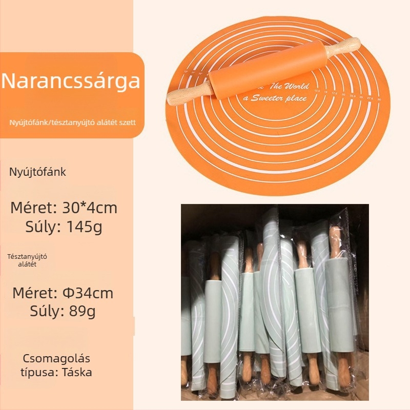 Silikonnyújtófa sütéshez készlet, közepes méret, dagasztó alátéttel