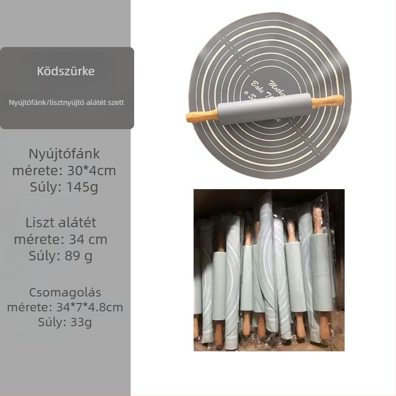 Silikonnyújtófa sütéshez készlet, közepes méret, dagasztó alátéttel