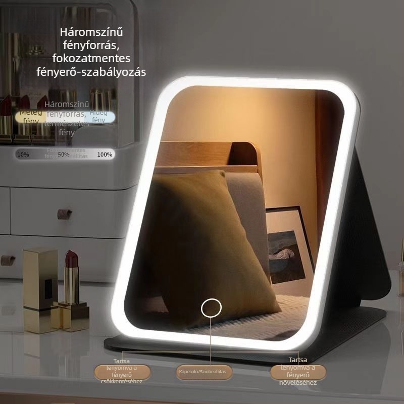 LED sminktükör világítással, összecsukható sminkasztal, intelligens HD hordozható asztali tükör Instagram-stílusban