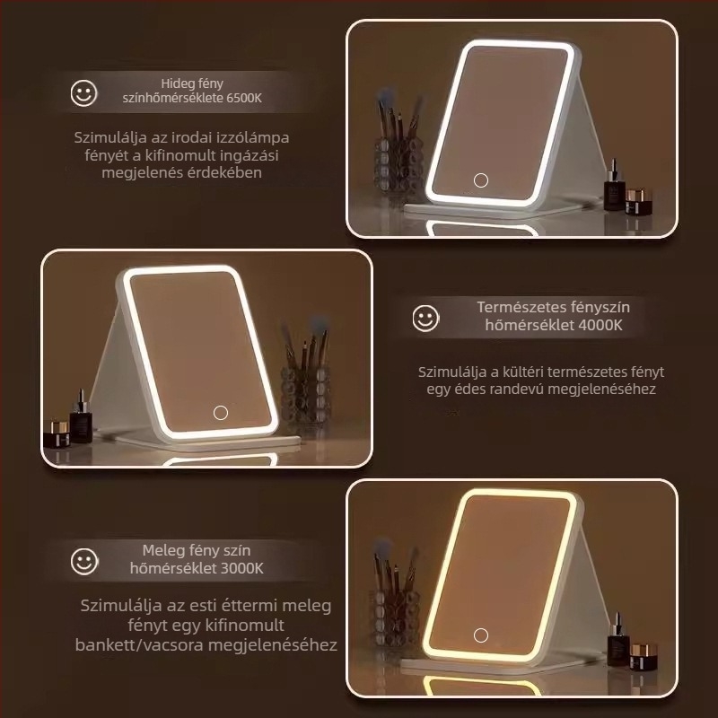 LED sminktükör világítással, összecsukható sminkasztal, intelligens HD hordozható asztali tükör Instagram-stílusban