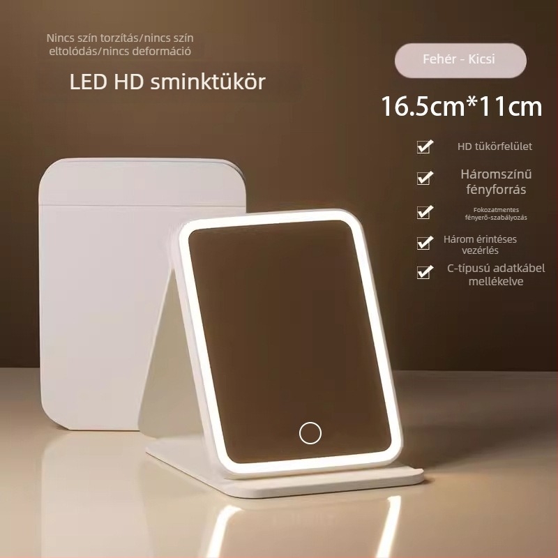 LED sminktükör világítással, összecsukható sminkasztal, intelligens HD hordozható asztali tükör Instagram-stílusban