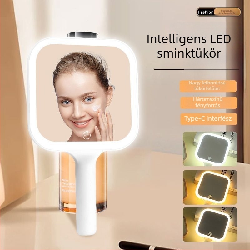 LED sminktükör világítással, összecsukható sminkasztal, intelligens HD hordozható asztali tükör Instagram-stílusban