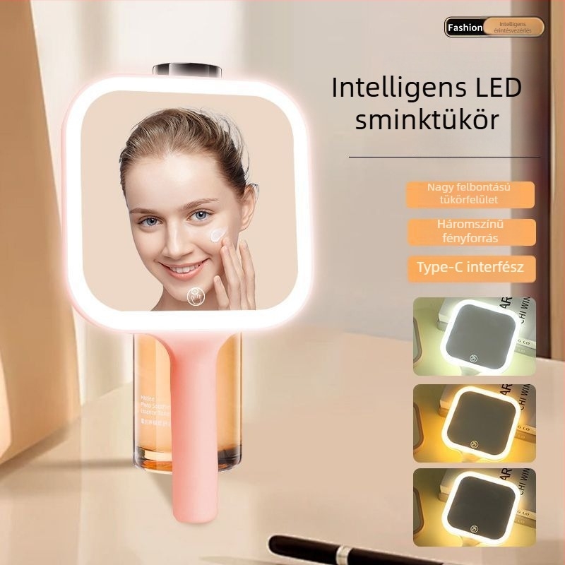 LED sminktükör világítással, összecsukható sminkasztal, intelligens HD hordozható asztali tükör Instagram-stílusban