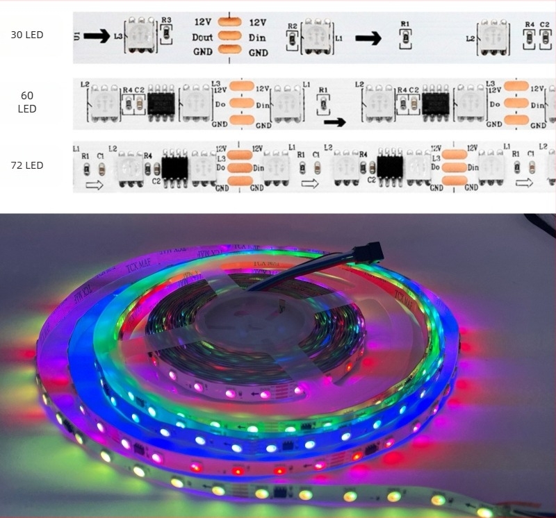WS2811 12V programozható RGB LED-szalag, vízálló, 5050 LED-ek