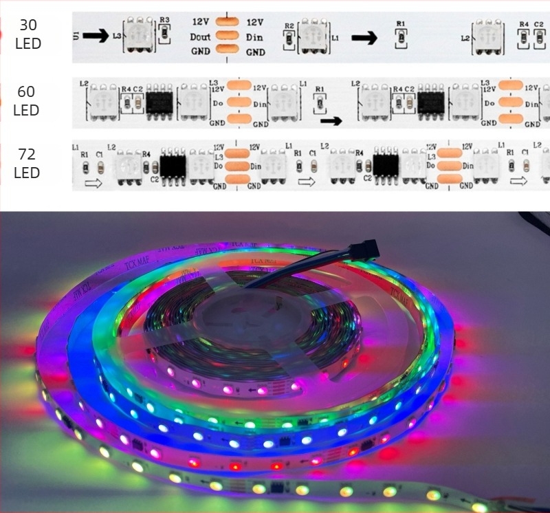 WS2811 12V programozható RGB LED-szalag, vízálló, 5050 LED-ek