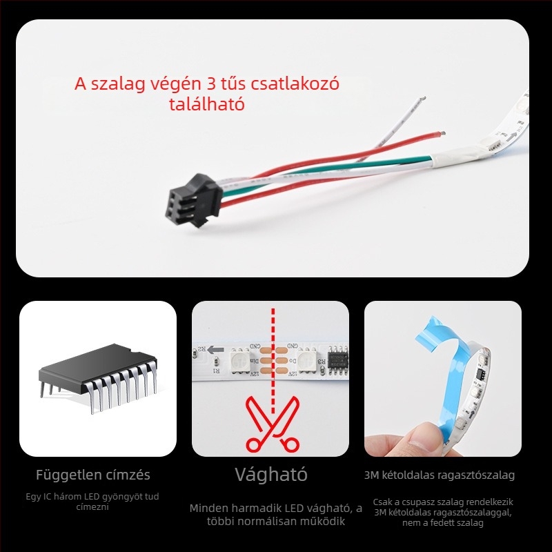 WS2811 12V programozható RGB LED-szalag, vízálló, 5050 LED-ek