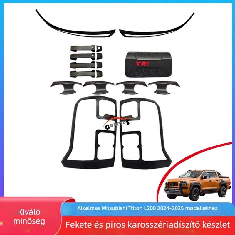 Fekete fényszórókeret a Mitsubishi Triton L200 (2024–2025) modellhez, hátsó lámpa takaró, ajtónyitó dísz és kilincs körüli dekoráció, visszapillantó tükör
