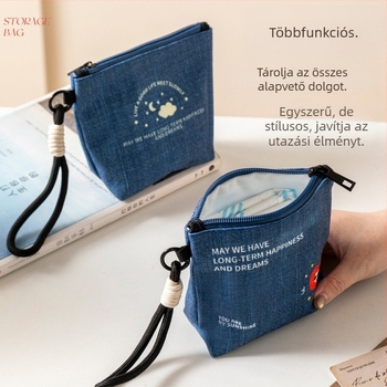 Denim színű hordozható tároló neszesszer kozmetikumokhoz, mini kártyatartó, higiéniai betét tároló, érmés pénztárca és utazótáska