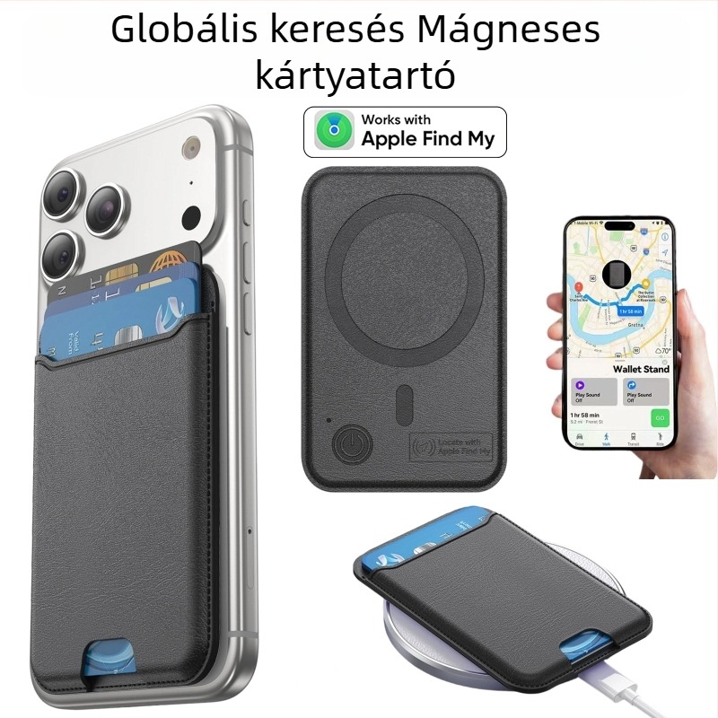 Bőrtok kártyákhoz vezeték nélküli töltéssel és helymeghatározással, lopás elleni védelemmel és Apple mágneses kártyatartóval kompatibilis
