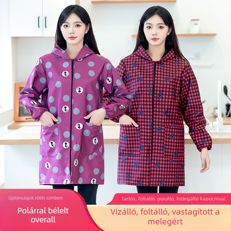 Női vízálló kötény fleece-bélés, vastag, hosszú ujjú, konyhához, téli viselet