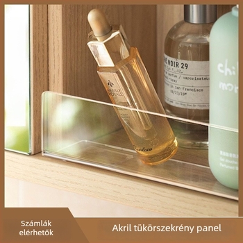 Átlátszó akril tükrös szekrény L-alakú esésvédő elválasztóval fürdőszobai kozmetikai tároláshoz