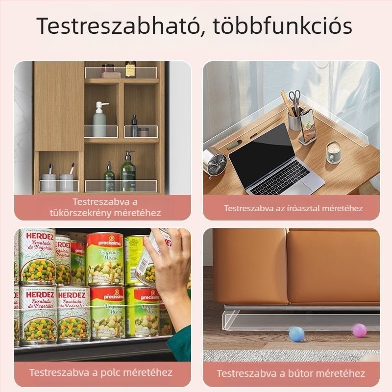 Átlátszó akril tükrös szekrény L-alakú esésvédő elválasztóval fürdőszobai kozmetikai tároláshoz