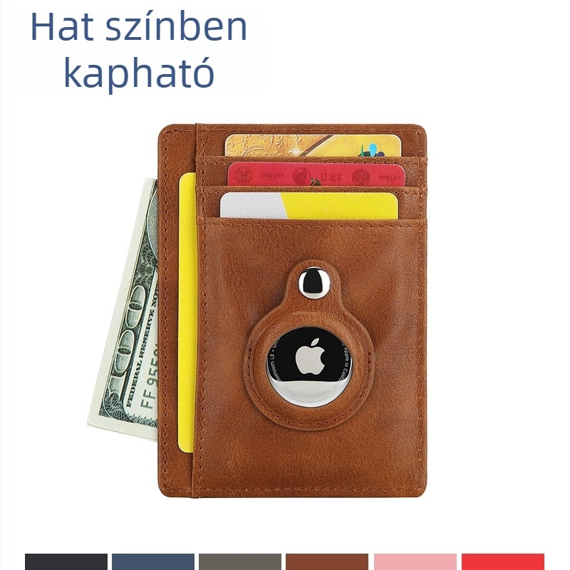 AirTag PU bőr Crazy Horse tok Apple Trackerhez, RFID kártyatartó, pénztárca és aprópénz rekesz