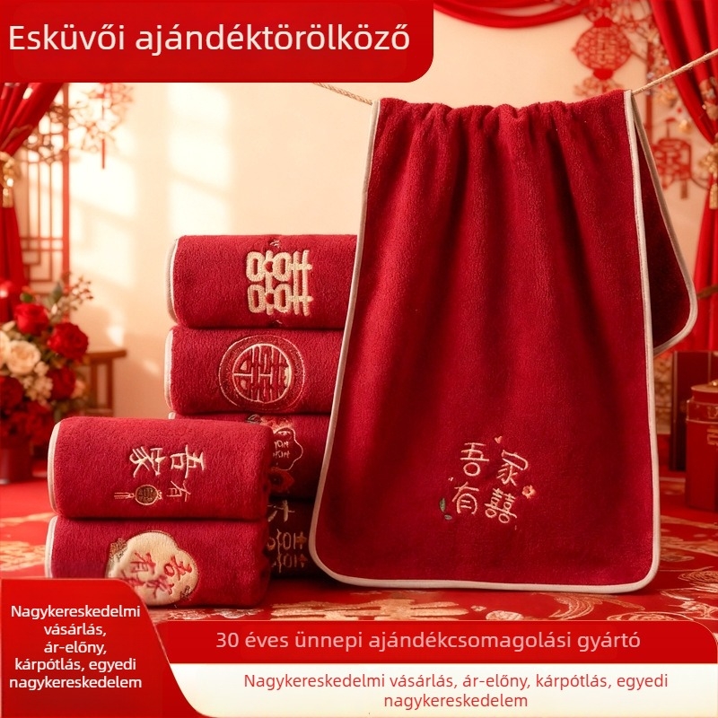 Személyre szabott esküvői törölközők piros színben, hímzett 'Dupla Boldogság' felirattal, ajándékdobozban