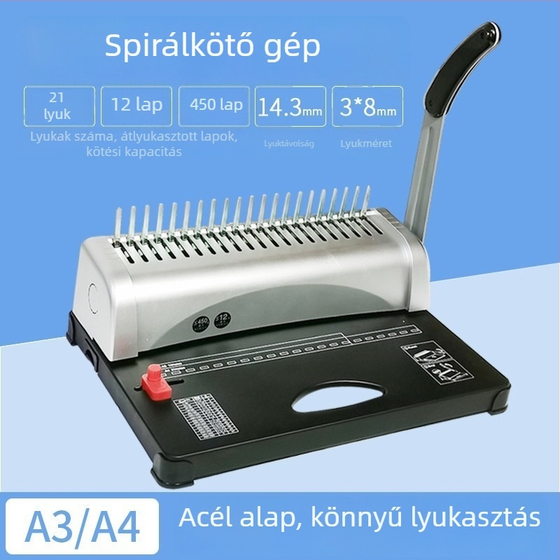 Comb típusú, 21 lyukas kézi kötészeti gép A3/A4 dokumentumokhoz, gumírozott gyűrűs klipekkel