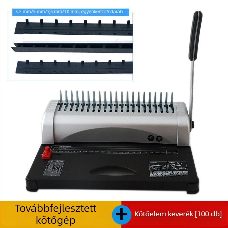 Comb típusú, 21 lyukas kézi kötészeti gép A3/A4 dokumentumokhoz, gumírozott gyűrűs klipekkel
