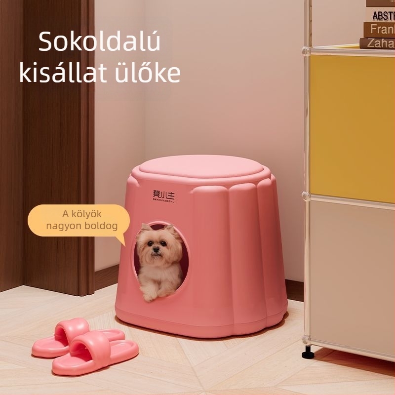 Többfunkciós műanyag tároló szék, párnázott ülőfelülettel, cipőállvánnyal és macskaházzal.