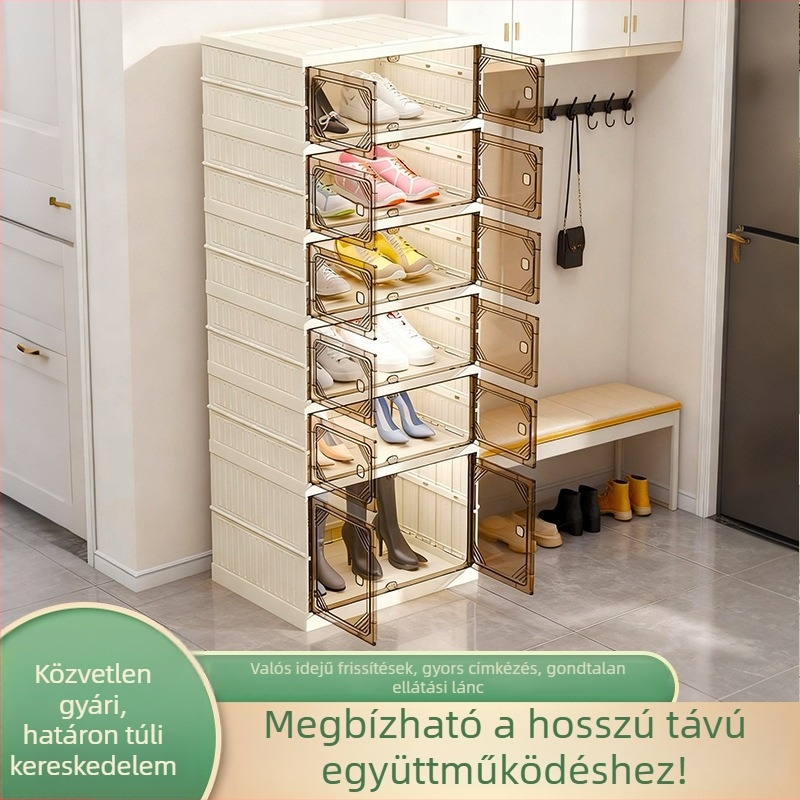 Szerelés nélküli cipősszekrény, többemeletes műanyag tároló, átlátszó, porvédett, összecsukható