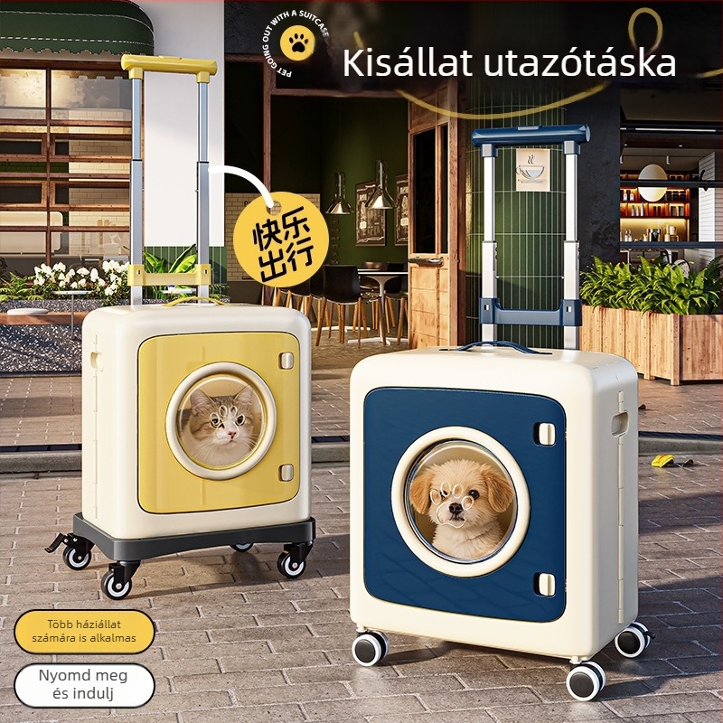 Kényelmes háziállat utazótáska kerekekkel, multifunkcionális tároló doboz nagy kapacitással macskáknak és kutyáknak
