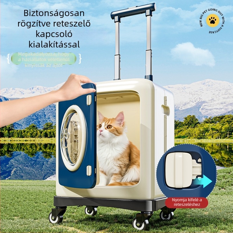 Kényelmes háziállat utazótáska kerekekkel, multifunkcionális tároló doboz nagy kapacitással macskáknak és kutyáknak
