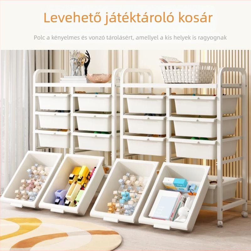 Gyerekjátékok tároló állvány, nagy kapacitású, padlón álló, mobil a gyerekszobába