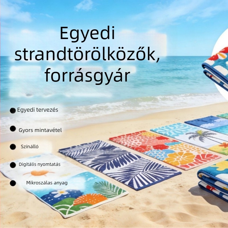 Mikroszálas strandtörölköző, gyárból közvetlen digitális nyomtatással, saját mintával testre szabható, gyorsan száradó és kiváló nedvszívó.