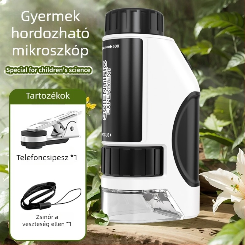 Telefonhoz csíptethető mikroszkóp 50–300×, sejtek megfigyelésére — oktatási tudományos játék diákoknak