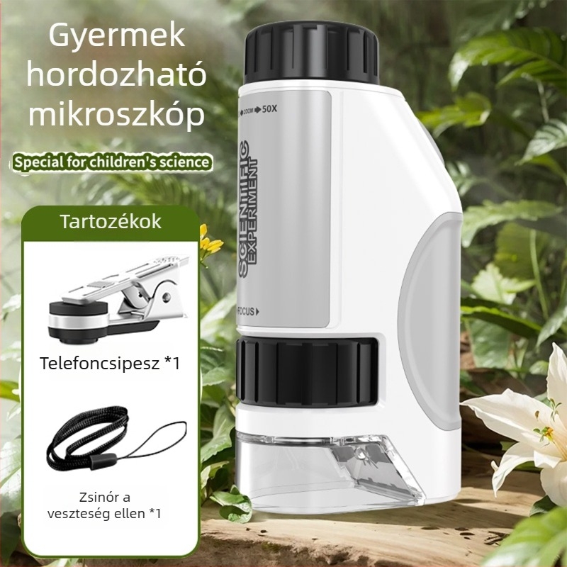 Telefonhoz csíptethető mikroszkóp 50–300×, sejtek megfigyelésére — oktatási tudományos játék diákoknak