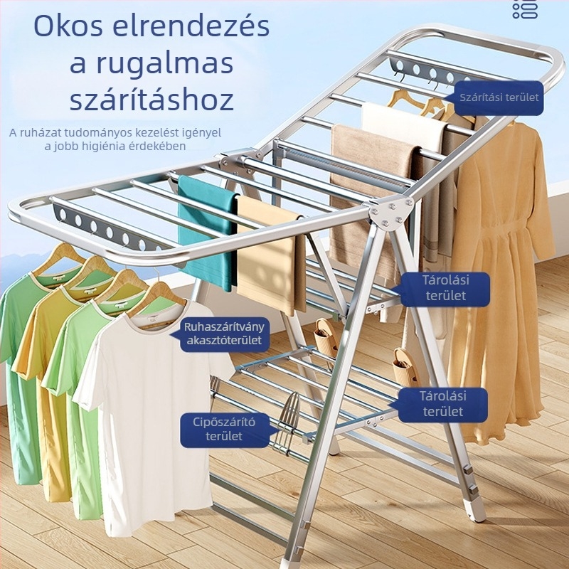 Rozsdamentes acél összecsukható ruhaszárító állvány, padlóra álló, otthoni használatra, erkélyre és beltérre, gyerekruhákhoz és paplanokhoz