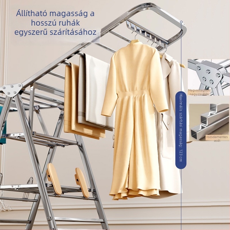 Rozsdamentes acél összecsukható ruhaszárító állvány, padlóra álló, otthoni használatra, erkélyre és beltérre, gyerekruhákhoz és paplanokhoz
