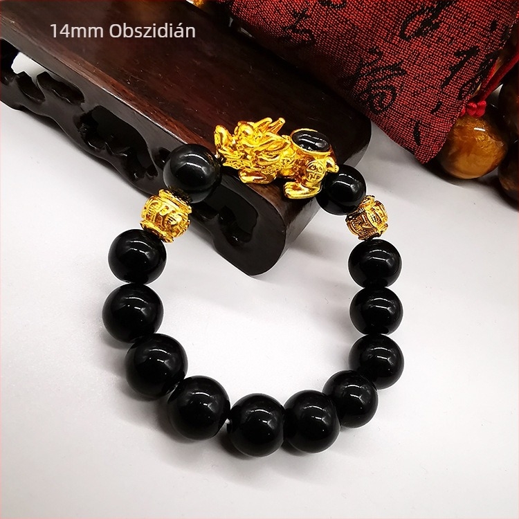 Aranyozott Pixiu karkötő zöld kővel, obszidiánnal és Hetian jádéval, kínai stílusú buddhista gyöngyök