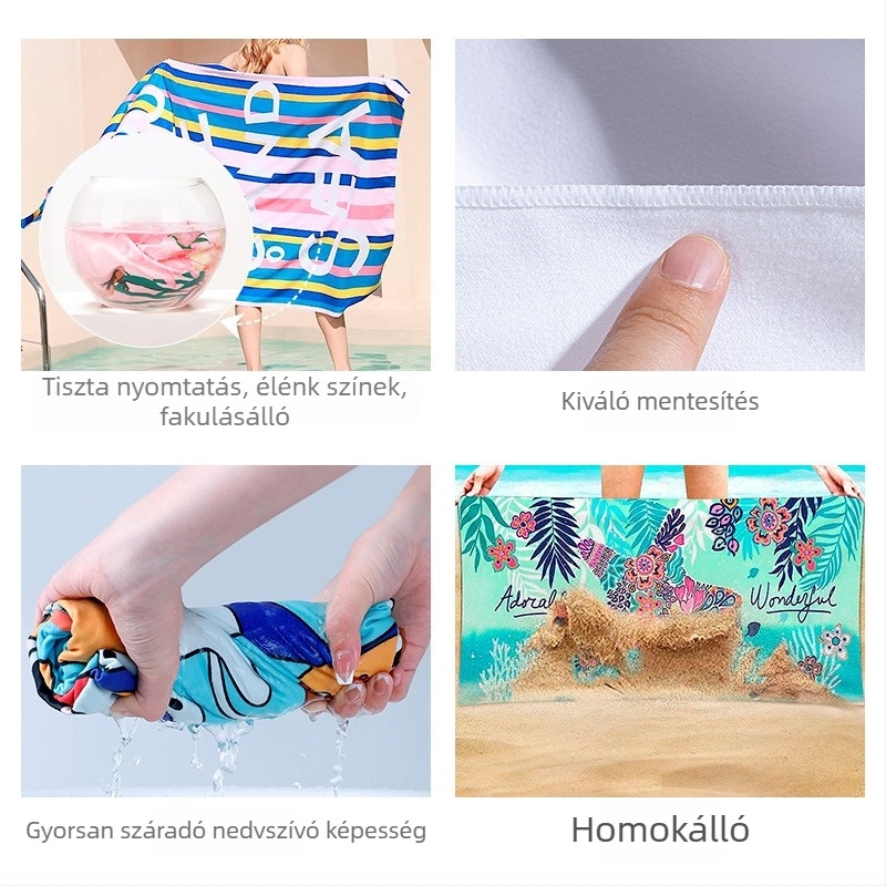 Személyre szabott mikroszálas strand törölköző, kétoldalas velúr felülettel, nedvszívó és gyorsan száradó; strandolásra, úszásra és edzéshez; méretek: 180×90, 160×80, 150×75, 45×90 cm.