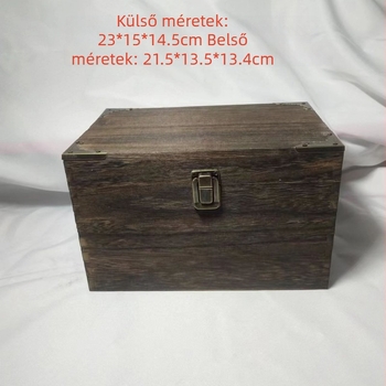 Retro zárható asztali fa tároló, téglalap alakú, nagy méretű – nappaliba való, apró tárgyak, dokumentumok és pénz tárolására
