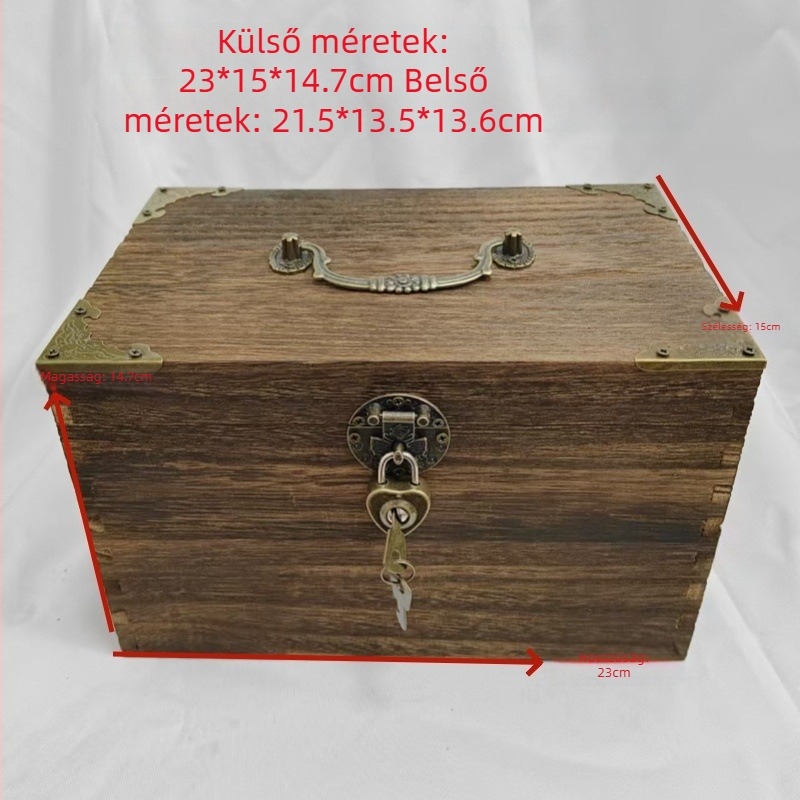 Retro zárható asztali fa tároló, téglalap alakú, nagy méretű – nappaliba való, apró tárgyak, dokumentumok és pénz tárolására
