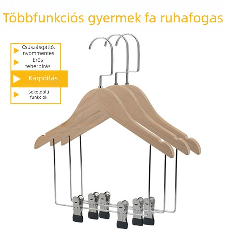 Fa gyermekruhaakasztók csúszásmentes felülettel, nadrágklipszekkel, 5 darabos készlet