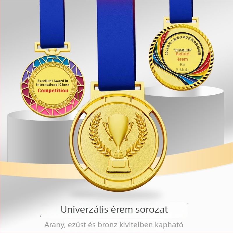 Függő nyakú medál általános ötvözetből, maratonra és versenyekre; emlékérme arany, ezüst és bronz