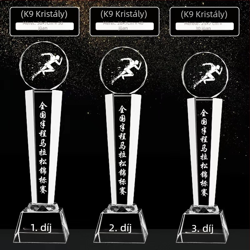Kristálytrófea és érme atlétikai versenyekhez: futás, maraton, váltófutás, hosszú távú futás — bajnok díj