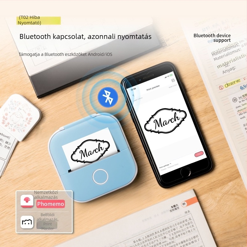 Phomemo T02 mini hőnyomtató – hordozható címkenyomtató Bluetooth-tal a telefonhoz, otthoni használatra, hibajavító nyomtató