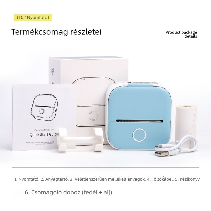 Phomemo T02 mini hőnyomtató – hordozható címkenyomtató Bluetooth-tal a telefonhoz, otthoni használatra, hibajavító nyomtató