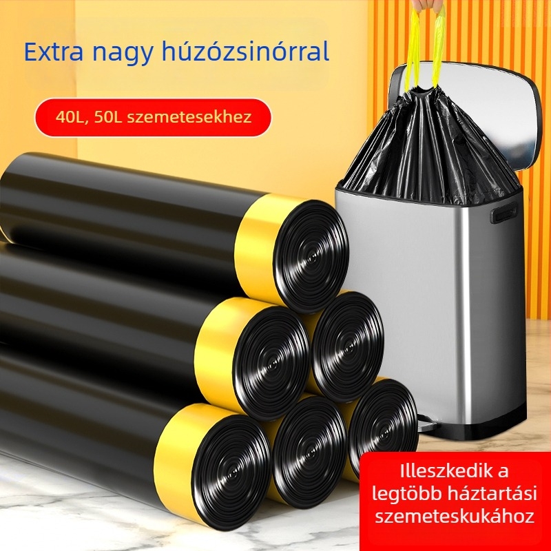 Kereskedelmi minőségű kültéri szemeteszsák húzózsinórral, extra nagy, fekete, vastított, 7040L80