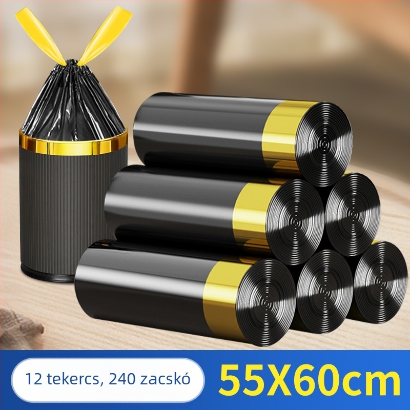 Kereskedelmi minőségű kültéri szemeteszsák húzózsinórral, extra nagy, fekete, vastított, 7040L80