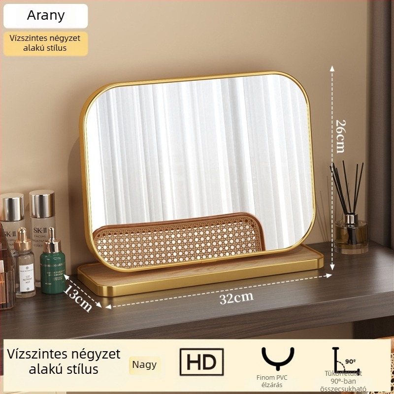 Összecsukható sminktükör otthoni használatra, asztali sminktükör, nagy méretű HD felbontású fa keretes tükör a hálószobába