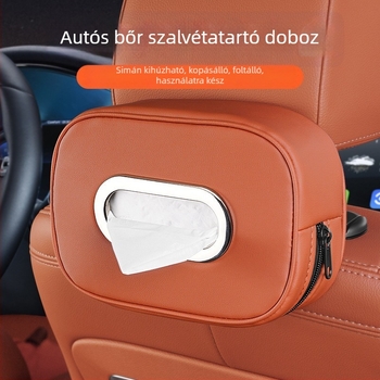 Bőr autós zsebkendő-tartó, karfához rögzíthető, kompatibilis napellenzővel és hátsó ülés hátával