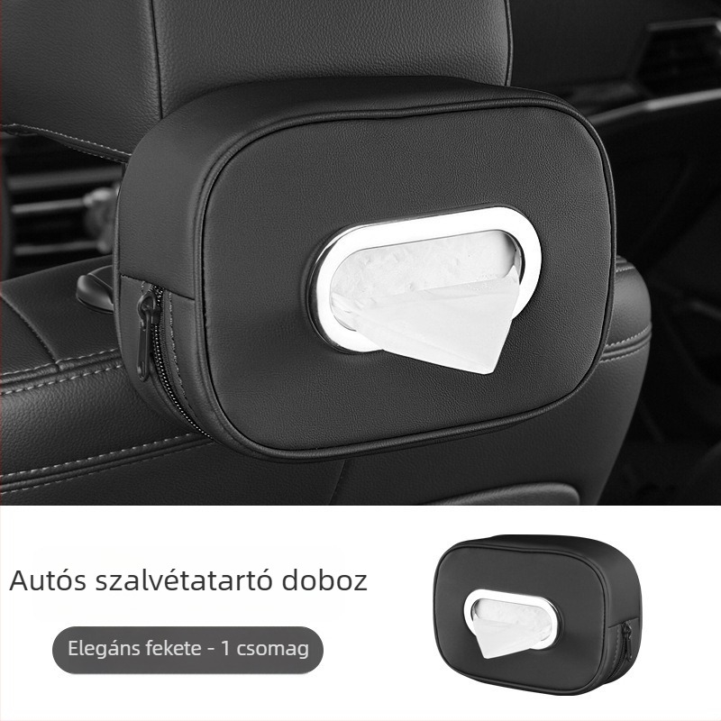 Bőr autós zsebkendő-tartó, karfához rögzíthető, kompatibilis napellenzővel és hátsó ülés hátával