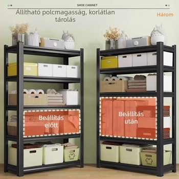 Otthoni többemeletes tárolóállvány, integrált falon- és padlón álló tárolórendszer, acél