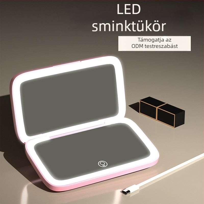 Kézben tartható LED sminktükör világítással, hordozható kétoldalas tükör háromszínű világítással