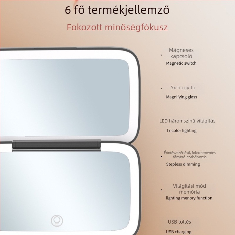 Kézben tartható LED sminktükör világítással, hordozható kétoldalas tükör háromszínű világítással