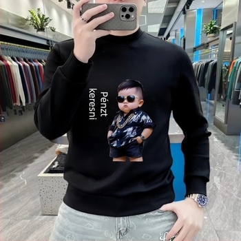 Slim fit férfi fleece-béléssel ellátott pulóver, gallér nélküli, kerek nyakú, hosszú ujjú, betűs nyomtatással, nehéz anyagú, őszi-téli viselet.